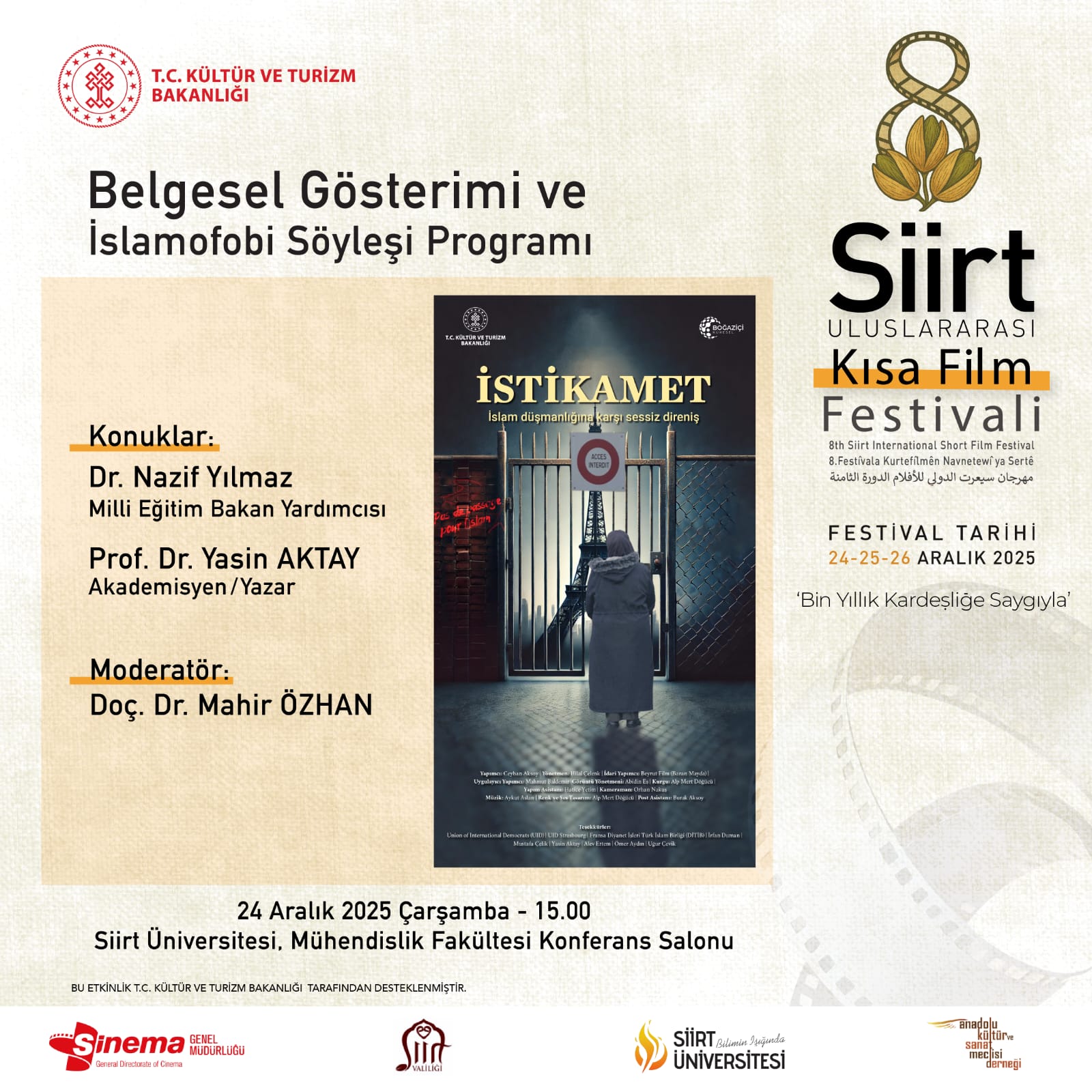Gelenekselleşen Siirt Uluslararası Kısa Film Festivali’nin sekizincisi 24-25-26 Aralık 2025